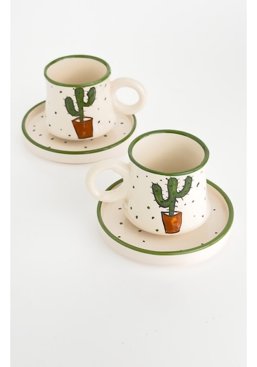 2 Li Takım Kaktüs Desenli El Yapımı Kazan Seramik Kahve Fincanı, Kahve Fincanı Beyaz