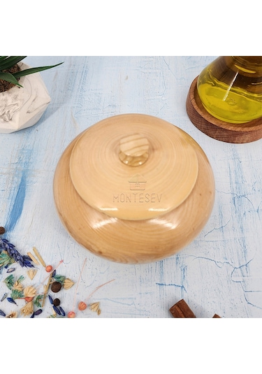 Ahşap Kapaklı Şekerlik Tuzluk Baharatlık Çerezlik Kase Naturel