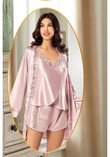 Xses 2165 Kadın Saten Empirme Sabahlıklı 4'lü Pijama Takım-pudra Pudra
