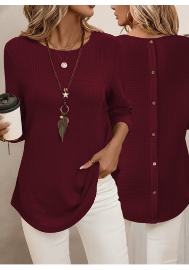 Tua Moda Kadın Uzun Kollu Yuvarlak Yaka Arkadan Düğmeli Waffle Bluz Bordo