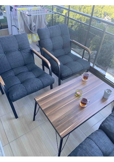 Modern Jüpiter Balkon, Bahçe, Cafe - Salon - Metal Kanepe Koltuk Takımı - 2+1+1 + Sehpa Antrasit Modernsh57 Antrasit