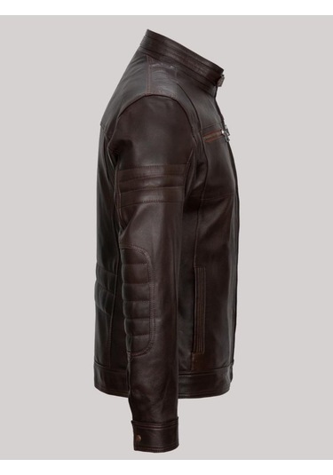 Hakiki Kuzu Derisi Kahverengi Koldan Düz Çizgili Fermuarlı Dört Cepli Erkek Deri Mont Kahverengi