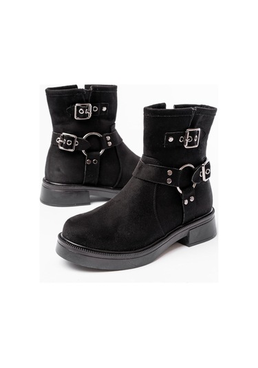 02-2013 Siyah Süet Toka Aksesuarlı Fermuarlı Günlük Kadın Bot