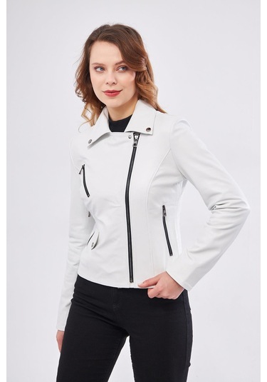 Derinss Dka1202 Hakiki Deri Kadın Beyaz Mont 001