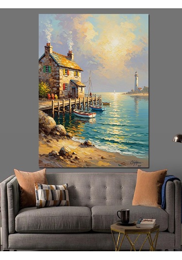 Ahşap Tablo Limanda Küçük Balıkçı Evi Yiyecek Ve İçecek Tabloları