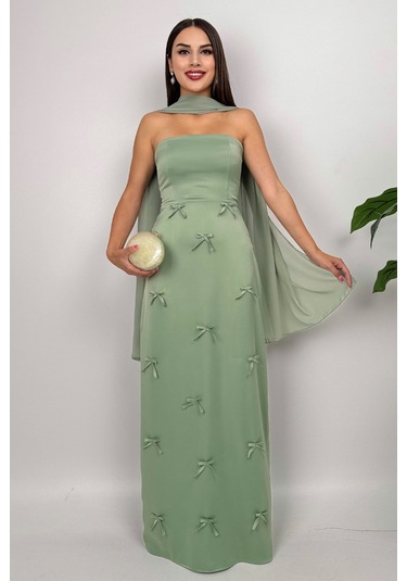 Lilina Straplez Fiyonk Detaylı Şal Aksesuarlı Uzun Mint Yeşil Abiye Elbise Mint Yeşil