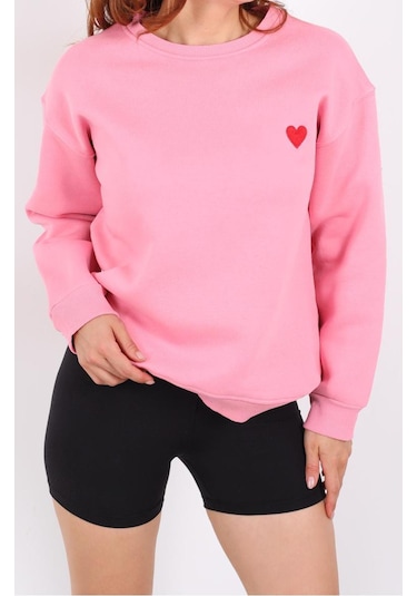 İs Berceste Kadın Bisiklet Yaka Kalp Nakışlı 3 İplik Şardonlu Sweatshirt Pembe