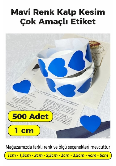 Mavi Renk Kalp Kesim Sticker Etiket 1cm - 500 Adet Mavi
