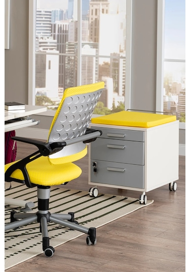 Creo Mobili Çekmeceli Kilitli Tekerlekli Vega Keson, Oturulabilir Ofis Ve Ev Komodini, Beyaz/sarı