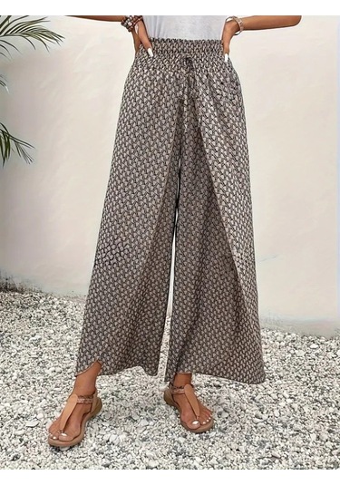 The İstanbul Kadın Yüksek Bel Lastikli Önden Iki Parçalı Desenli Bürümcük Pantolon Bej