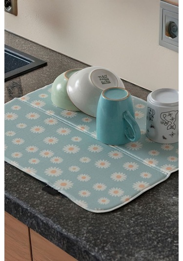 Bulaşık Kurutma Örtüsü, Bulaşıklık, Tezgah Üstü Bulaşık Matı, Süper Emici Mutfak Matı, Papatya Desen Çok Renkli