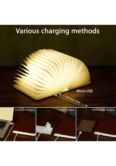 5.7 İnç Ahşap Kitap Lambası, Çok Renkli Katlanır Kitap Lambası Otomatik Olarak Renk Değiştirir, Usb Şarj Edilebilir Ahşap