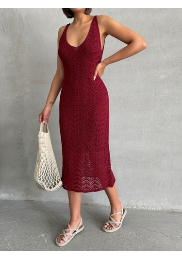 Kadın Askılı Ajurlu Yazlık Triko Elbise Bordo
