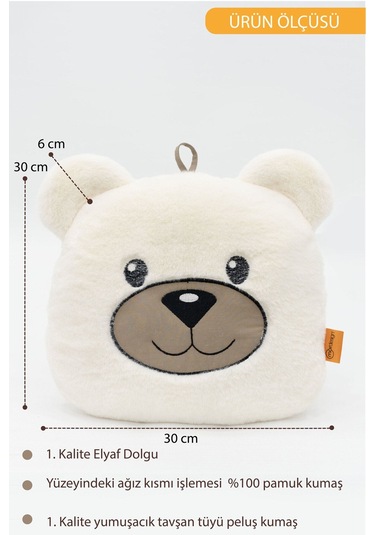 Mordesign Peluş Ayı Yastık, Sevimli Ayı Nakışlı Kırlent, Peluş Ayı Oyuncak, Bebek Yastık, Morbear Serisi Beyaz