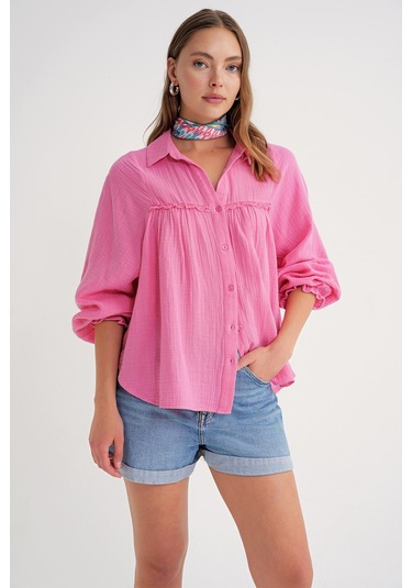 4677 Kadın Dantel Detaylı Müslin Gömlek Pembe Pembe