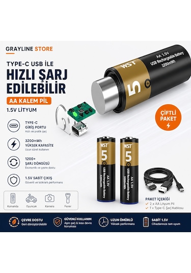 Usb Type-c Şarjlı Aa Lityum Pil 1.5v Sabit Çıkış 3200mwh 4 Lü Paket