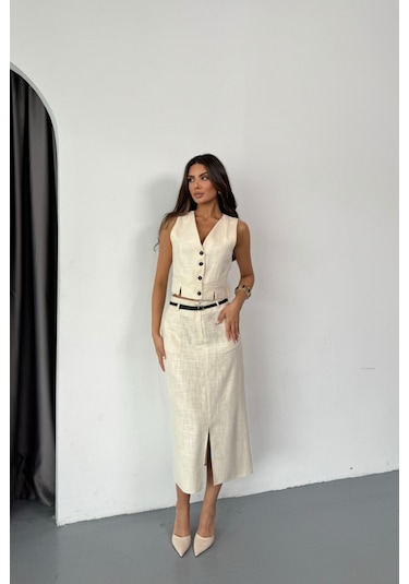 Yelek-önden Yırtmaçlı Etek Tk Şantuk Keten - Ham Ham