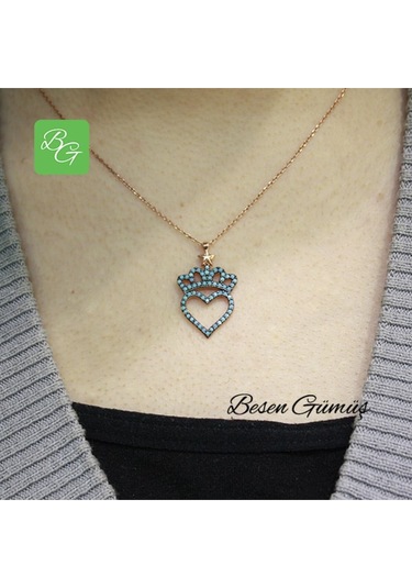 Firuze Taşlı Kraliçe Tacı Ve Kalp Temalı Kolye Rose - Gold -  Gümüş