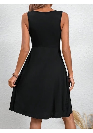 Kadın Askılı Yuvarlak Yaka Önden Pileli Viskon Elbise Siyah