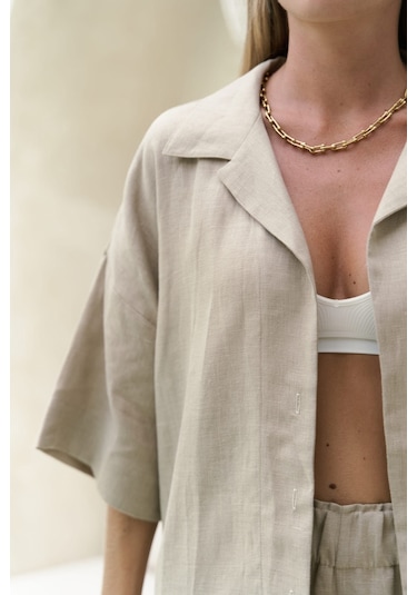 Baron Bej Keten Gömlek Pantolon Takım Bej