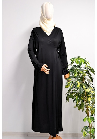 Kadın Yandan Bağlamalı Pamuklu Penye Namaz Elbisesi 38-48 Beden Siyah
