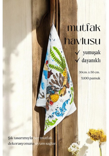 2li Paket Baskılı Beyaz Mutfak Havlusu Modeli Atlantis