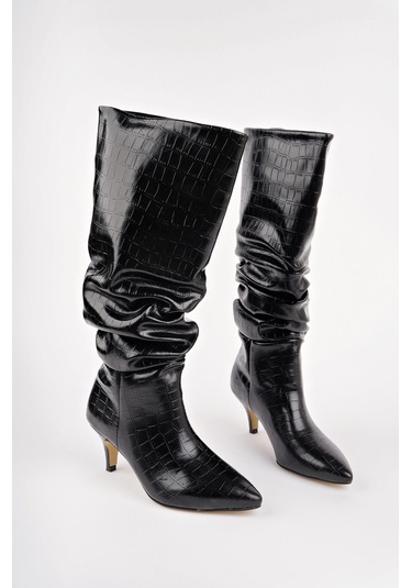 Muggo Rumba Sivri Burun Kırışık Kroko Desenli İnce Topuklu Kadın Çizme siyah