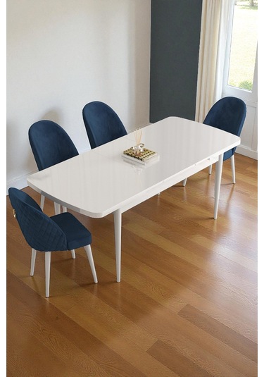 Mura Beyaz 80x132 Açılabilir Mdf Masa Yemek Odası Takımı, Mutfak Takımı 4 Adet Sandalye Lacivert