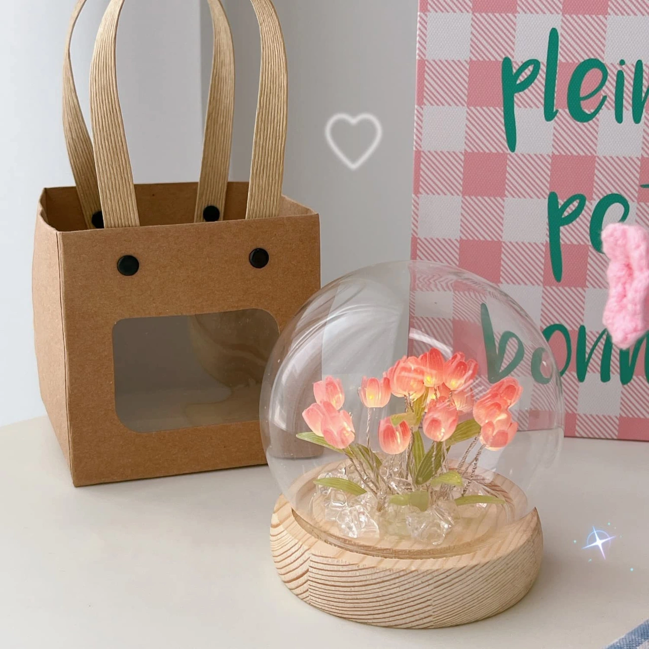 Yunboo 13 Pembe Lale Cam Gece Lambası - Masaüstü Stüdyo Ambiyans Aydınlatması - Tam Diy Malzeme Paketi Aa Pil İle Çalışır Pembe