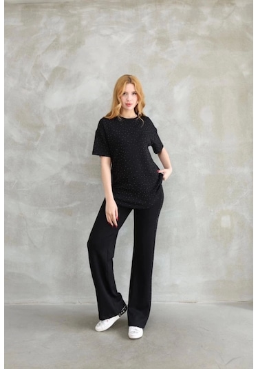 Osy Modal Yumuşak Dokulu Kumaş Bisiklet Yaka Taş Detaylı Kısa Kollu Takım - Siyah Siyah Osy Modal Yumuşak Dokulu Kumaş Bisiklet Yaka Taş Detaylı Kısa Kollu Takım - Siyah Siyah