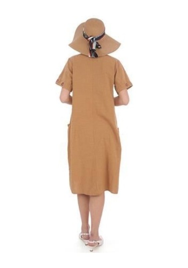 Yarım Kol Yuvarlak Yaka İşlemeli Keten Elbise-9166 Camel