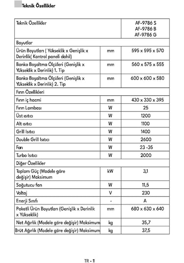 Vestel AF-9786 B 73 LT Ankastre Fırın