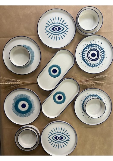 Kevin Seramik 14 Parça 6 Kişilik Nazar Boncuklu Stackable Kahvaltı Takımı&Lüx Sunum Tabakları Mavi Beyaz
