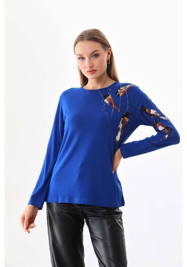 Sistas Kadın Desenli Bisiklet Yaka Uzun Kol Bluz 23598 Saks