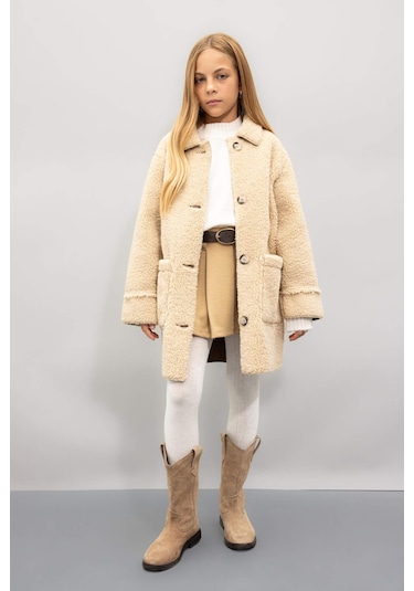 DeFacto Kız Çocuk Rüzgar Geçirmez Düğmeli Cepli Kaşe Parka C8555A824AUBG203 Bej