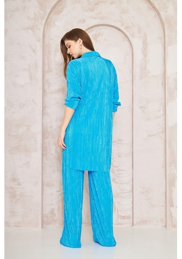 Kadın Pliseli Beli Lastikli Pantolon Tunik Gömlek Ikili Bürümcük Salaş Takım 3573300 Mavi