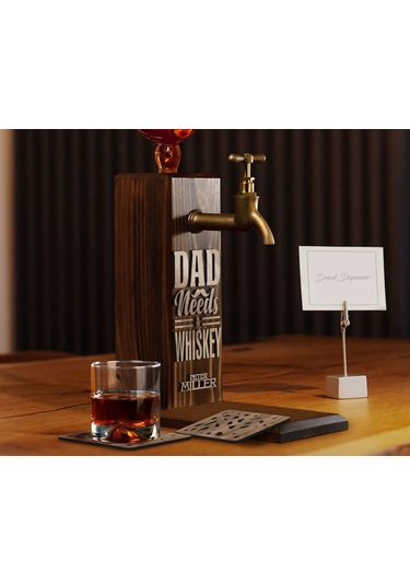 Bk Gift Kişiye Özel Kabartma İsimli Baba Tasarımlı Musluklu Ahşap Viski Standı-6 Viski Çeşmesi, Doğum Günü Hediyesi, Babaya Hediye Kobitmeyen138061 Bk
