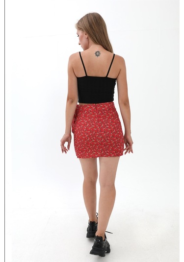 Çiçek Desenli Yandan Bağlamalı Etek - Kırmızı-kırmızı Kırmızı