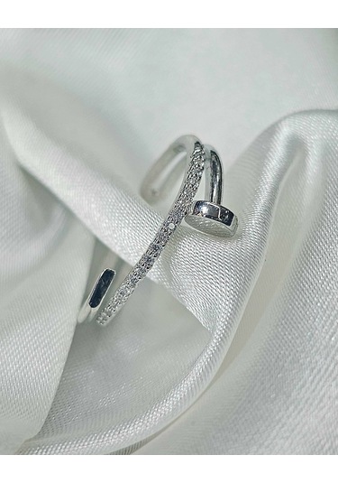 Dükkan Design Y2k Taşlı Çivi Tasarımlı Çelik Yüzük Gümüş - Beyaz