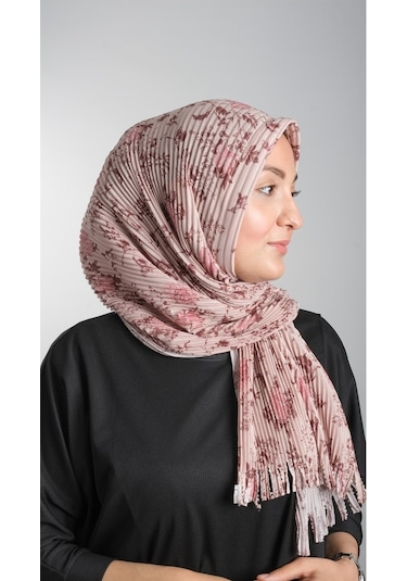 Bej Pratik Hazır Geçmeli Tesettür Eşarp Kesik Elyaf Piliseli Çiçe (553629989) Bej