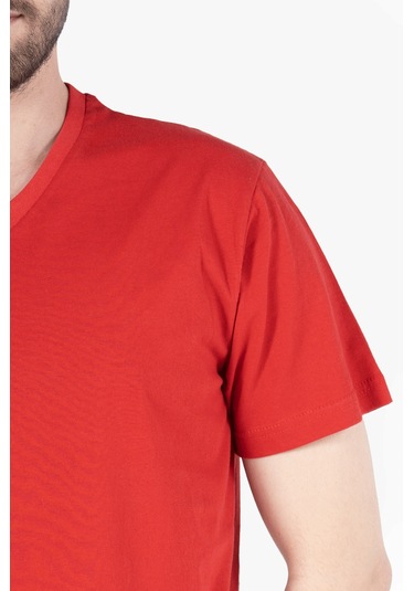 T-shirt V Yaka %100 Pamuk Kırmızı