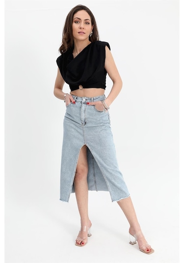 Kot Etek Önü Yırtmaçlı Eteği Püsküllü - Mavi-mavi Mavi