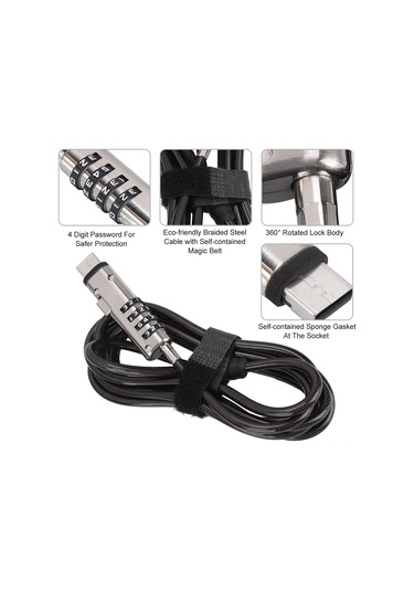 Shineyee 4 Basamaklı Şifreli Usb Bilgisayar Kilitli, Alüminyum Birleşmeli Dayanıklı Çelik Kablo İle Anti-hırsızlık Koruma