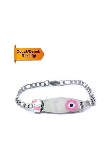 316l Çelik Pembe Nazar Boncuklu Hello Kitty Çocuk Bileklik Blk-961 Gümüş
