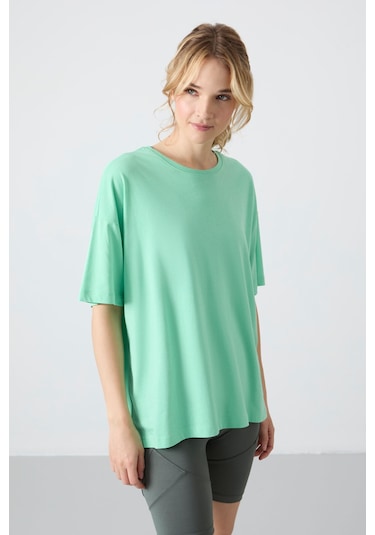 Tommy Life Su Yeşili Penye Modal Yumuşak Tuşeli Oversize Fit Basic Kadın T-shirt- 97285 Su Yeşili