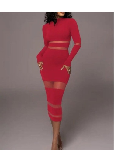Kadın Şerit Transparan Detay Fırsat Ürün Midi Boy Elbise Kırmızı