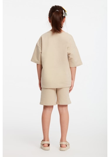 Calı Kız Çocuk Bisiklet Yaka Bej Eşofman Takımı