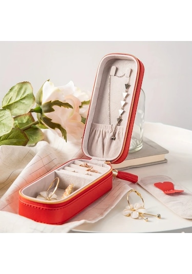 Elmpaly Seyahat Çantası Kırmızı Pu Seyahat Mücevher Kutusu, Taşınabilir Mücevher Kutusu Kırmızı