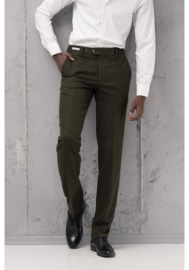 Ecer Regular Fit Düz Kalın Kışlık Gabardin Yan Cepli Pantolon Yeşil