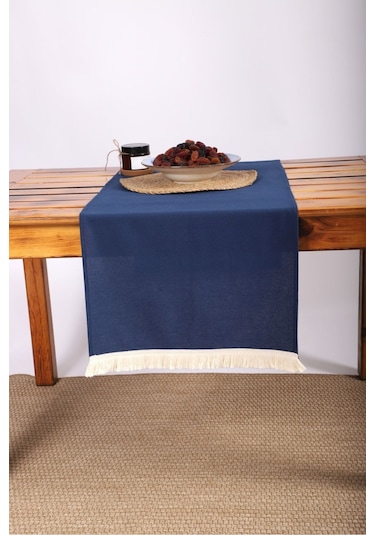 Dnc Home Tekstil Ndchome Premium Keten Püsküllü Runner Masa Örtüsü Lacivert  45 x 150